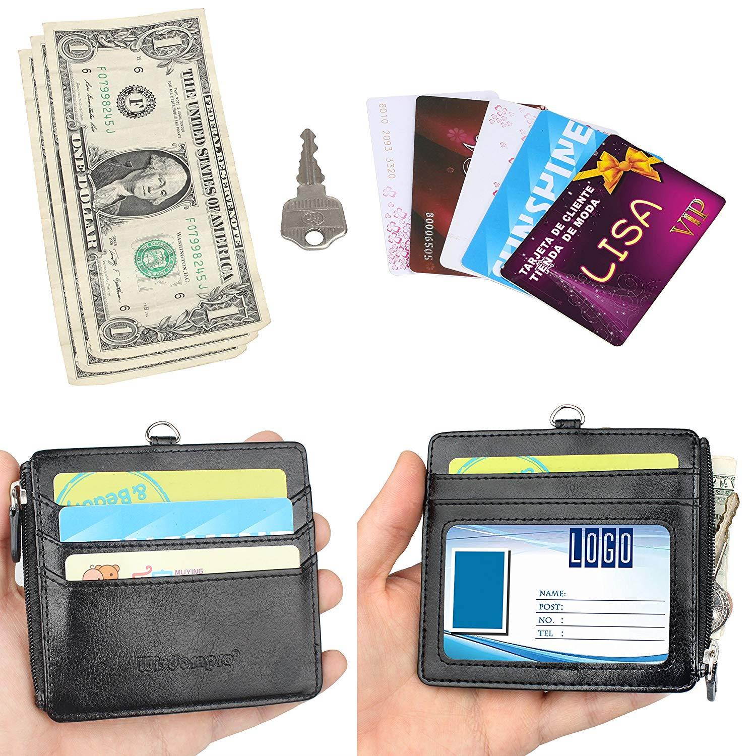 Badge Holder Zipper, Wisdompro 2-Sided PU Leather ID Badge Holder with 1 ID Window, 4 Card Slots, 1 Side Zipper Pocket and 1 piece 20" PU Neck Lanyard/Strap - Black (Horizontal)