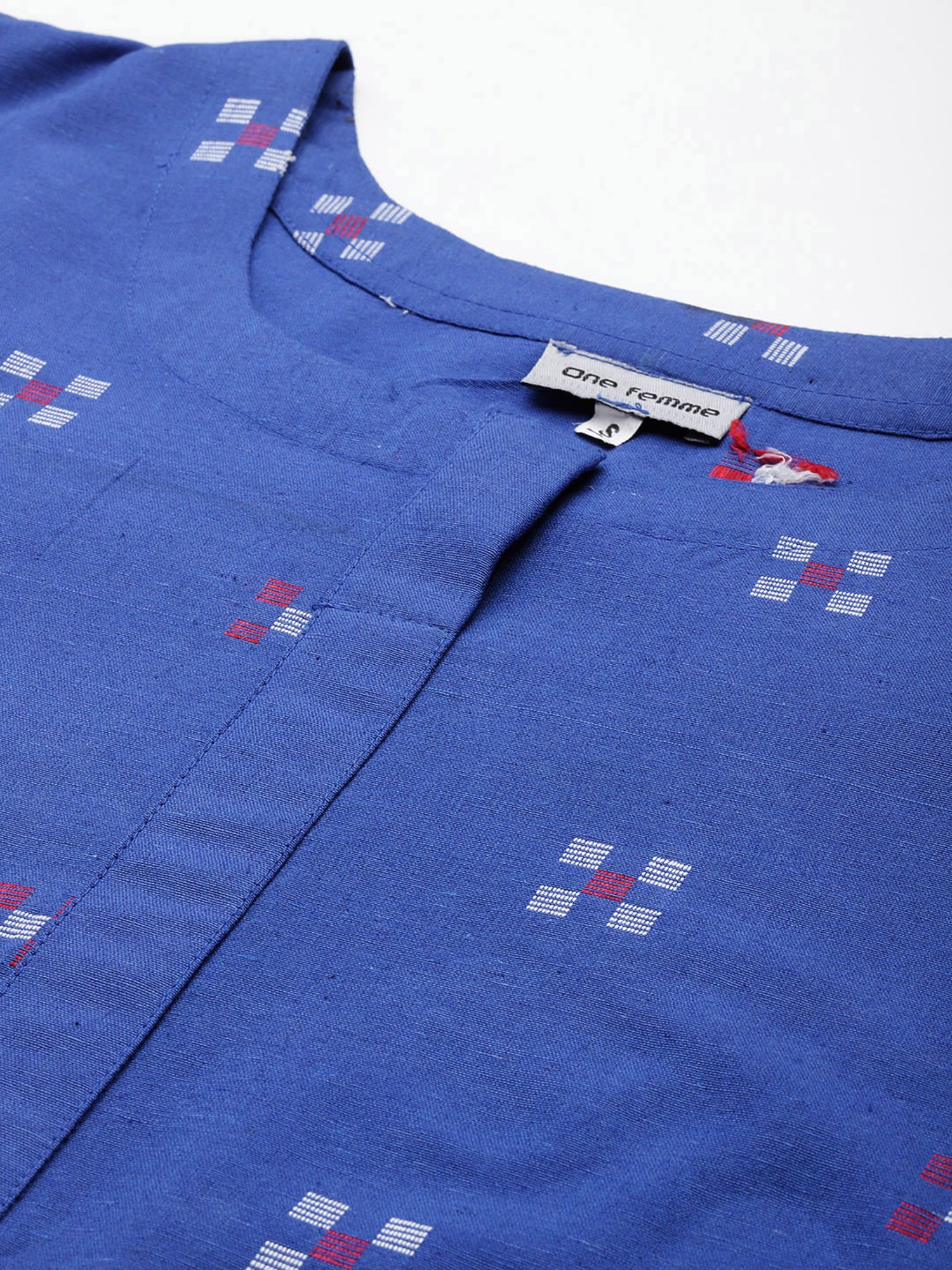 One Femme Blue Cotton Self Design A Line Kurti