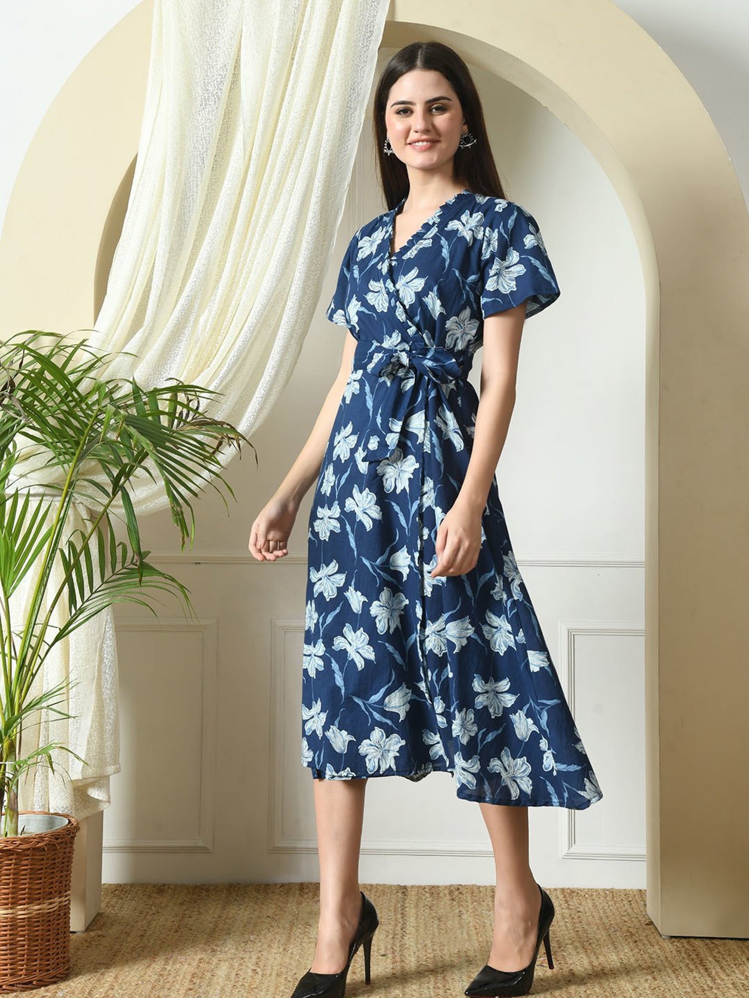 DECKEDUP Indigo Cotton Floral Print Wrap Dress