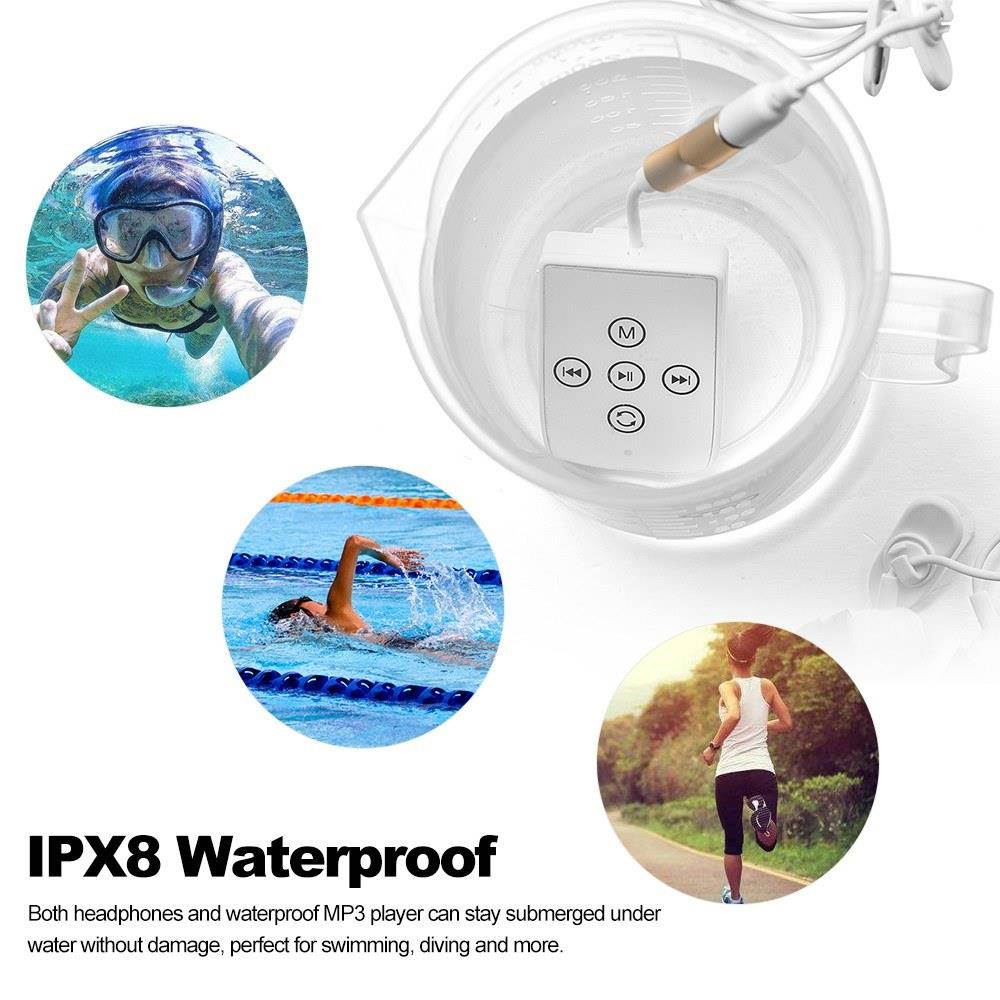 K12 IPX8 Waterproof MP3 Player 8GB Music Player with Headphones FM Radio Back Clip Design for Swimming Running Diving