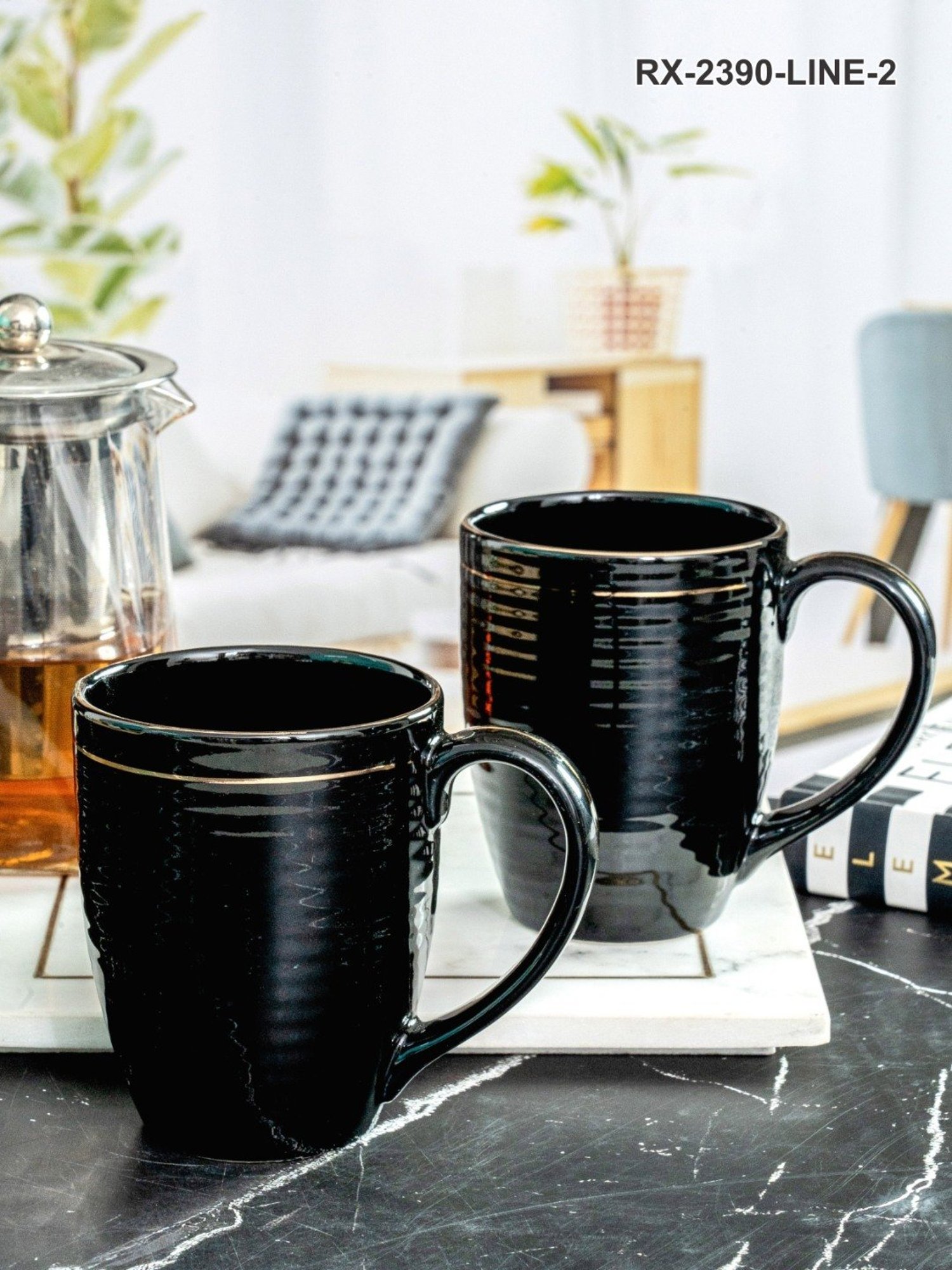 ROXX Black Stoneware Gold Line Coffee Mug - Set of 2