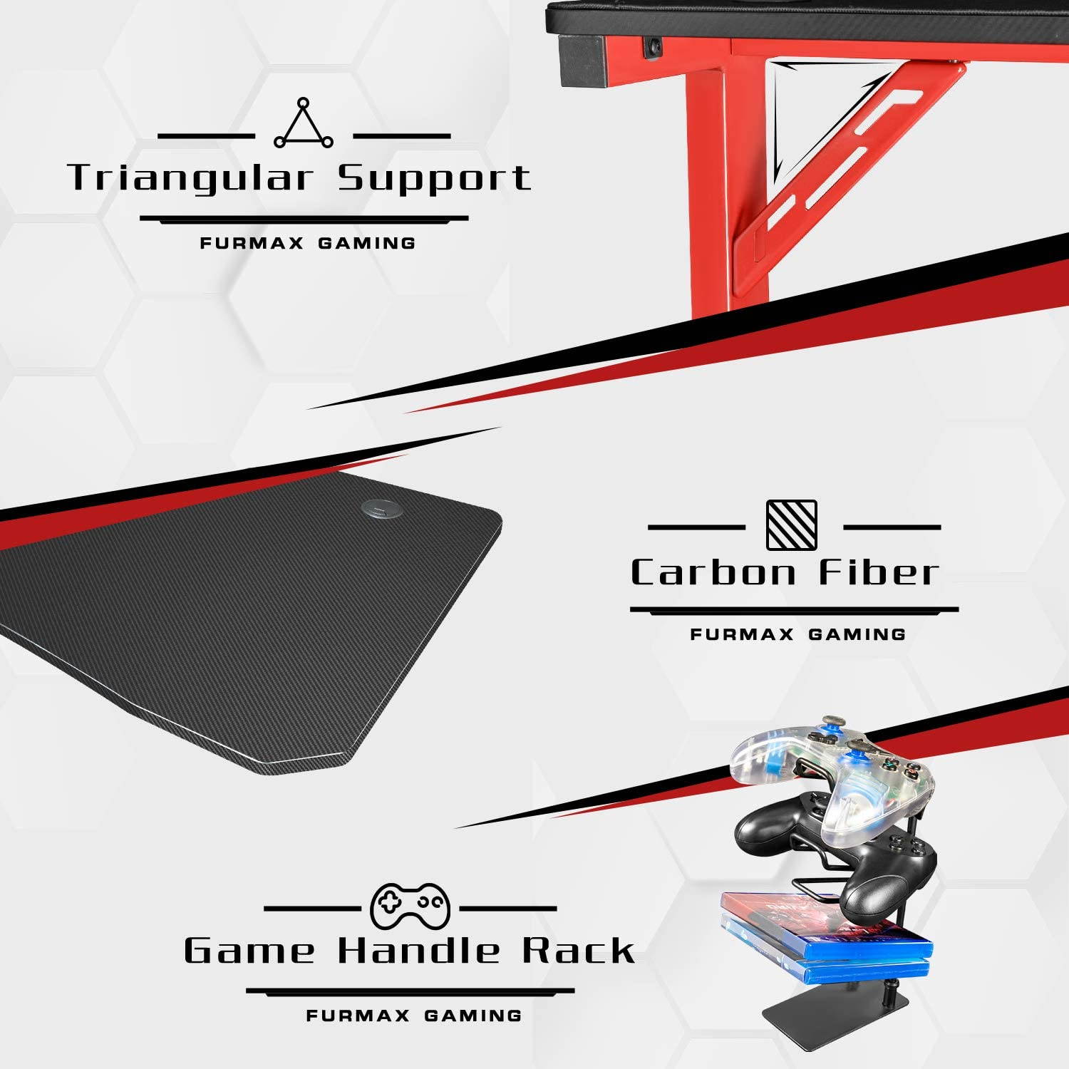 Furmax 55 Inch Gaming Desk T-Shaped PC Computer Table, Home Office Desk Carbon Fibre Surface Workstation with Free Full Coverage Mouse Pad, Cup Holder and Headphone Hook (Red)