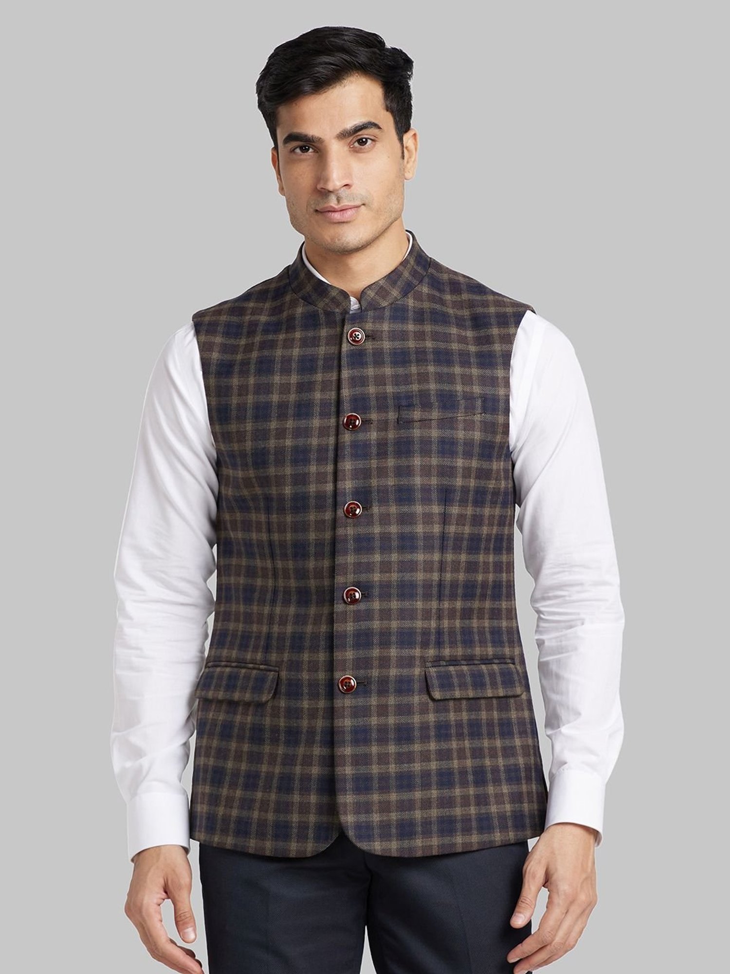 Park Avenue Brown & Blue Slim Fit Checks Nehru Jacket