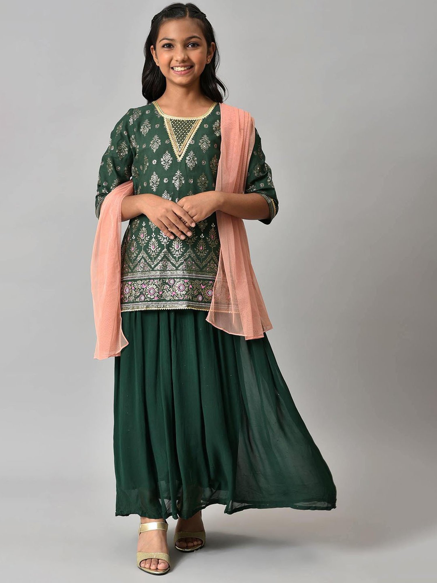 Aurelia Kids Green & Peach Floral Print Kurta, Skirt with Dupatta
