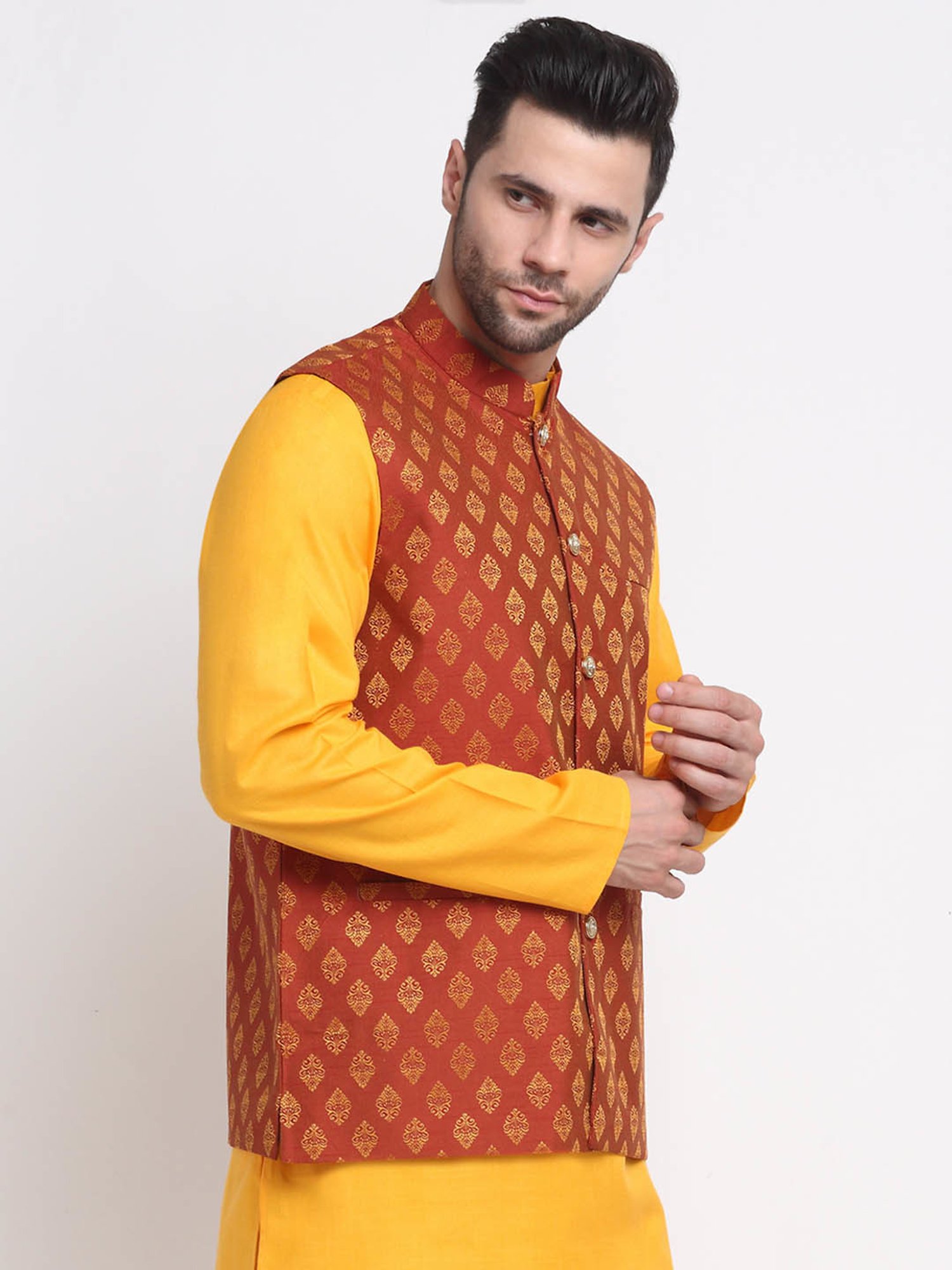 Neudis Men Rust Printed Mandarin Collar Nehru Jacket