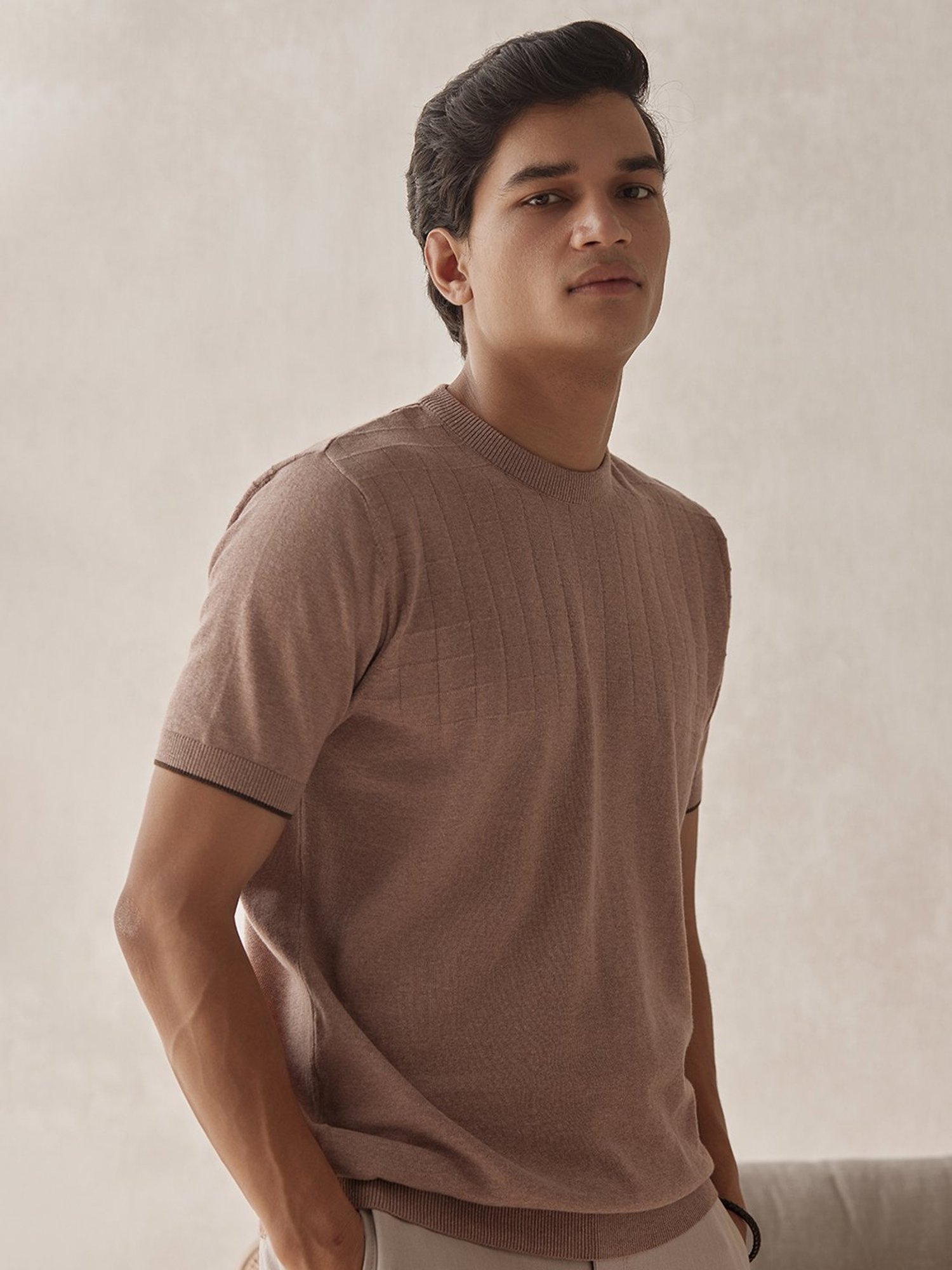 ANDAMEN Brown Regular Fit Textured Cotton Crew T-Shirt