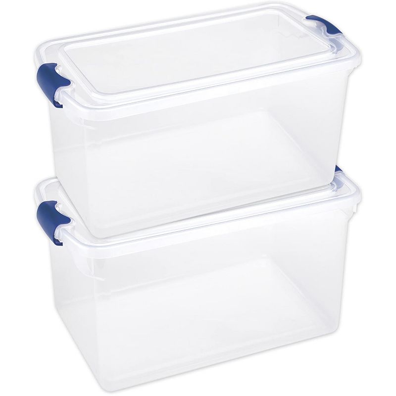 Homz Heavy Duty Modular Stackable Storage Tote Containers with Latching Lids, 66 Quart Capacity, Clear, 2 Pack
