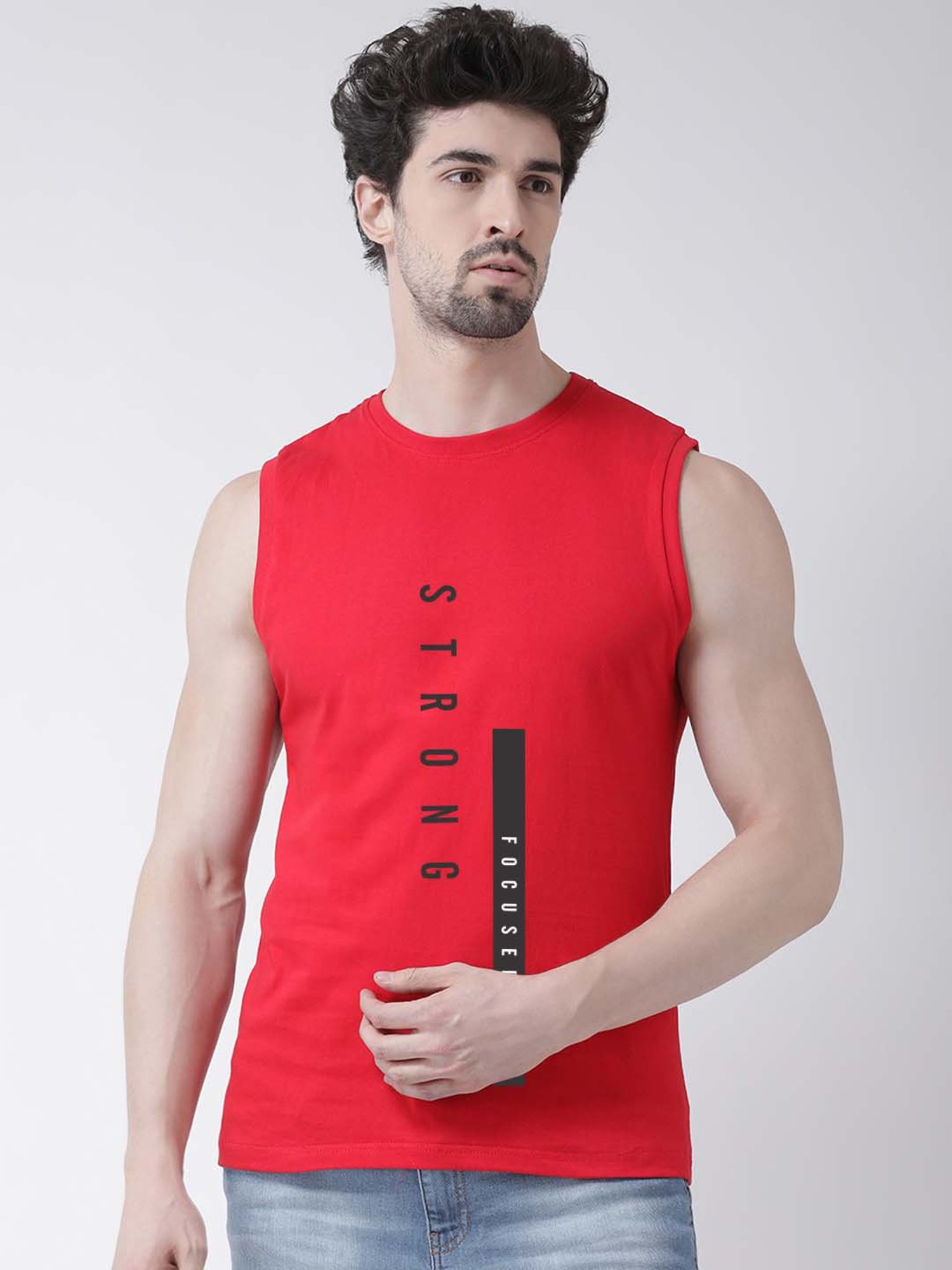 Friskers Red Slim Fit Graphic Print Sleeveless T-Shirt