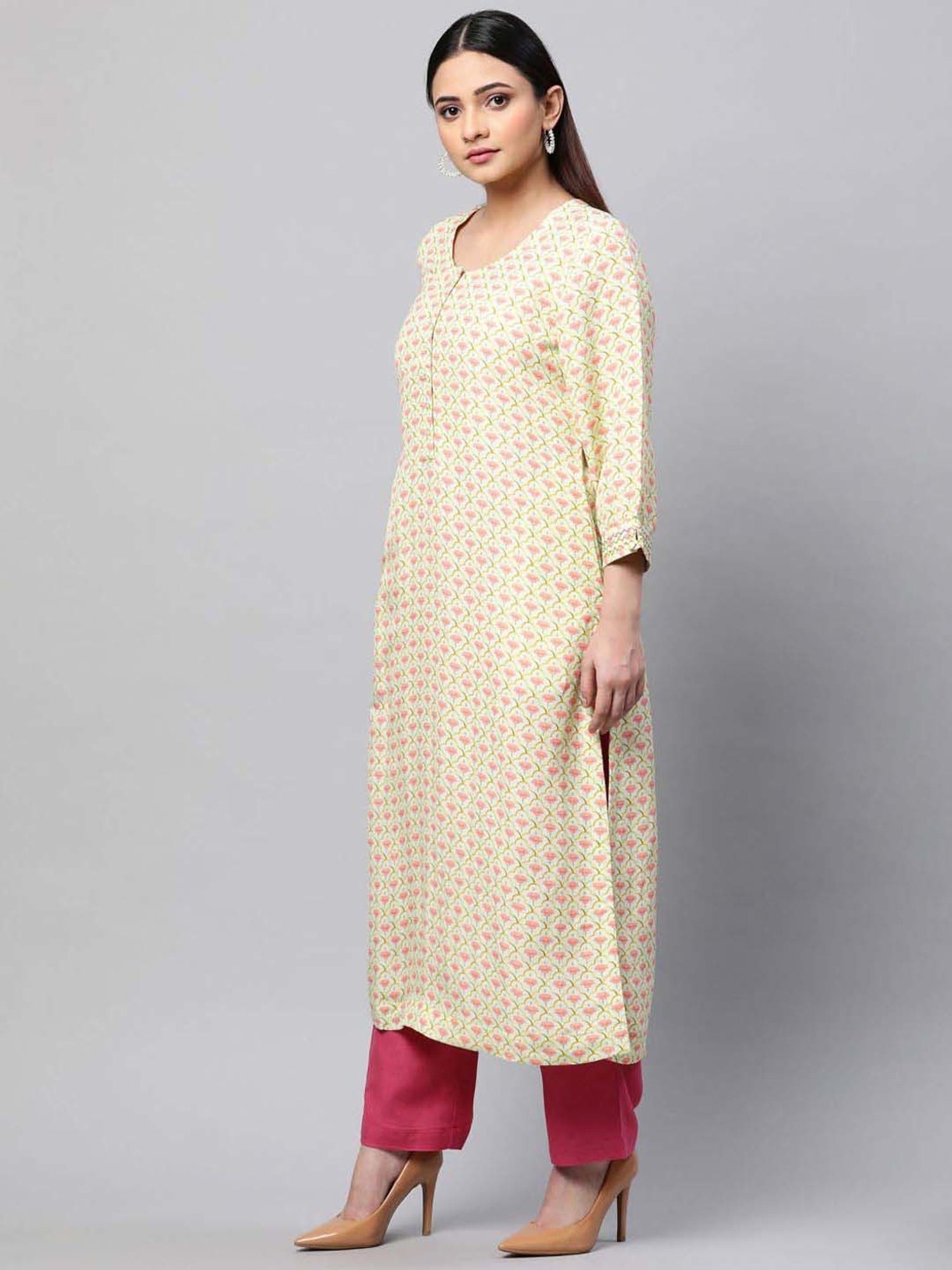 Linen Club Woman Beige Linen Floral Print Straight Kurta