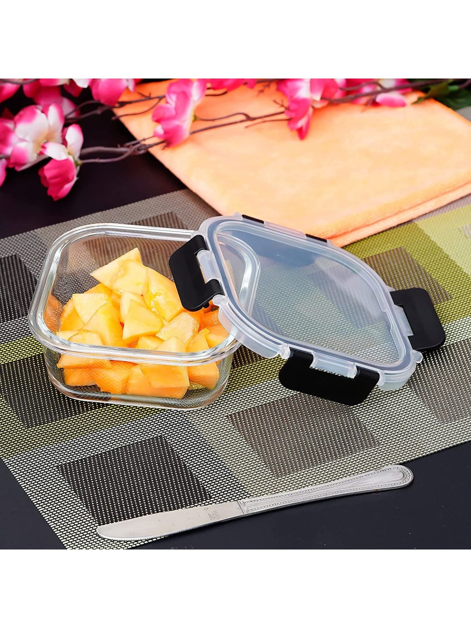 Femora Transparent & Black Borosilicate Square Container With Lid - Set of 1