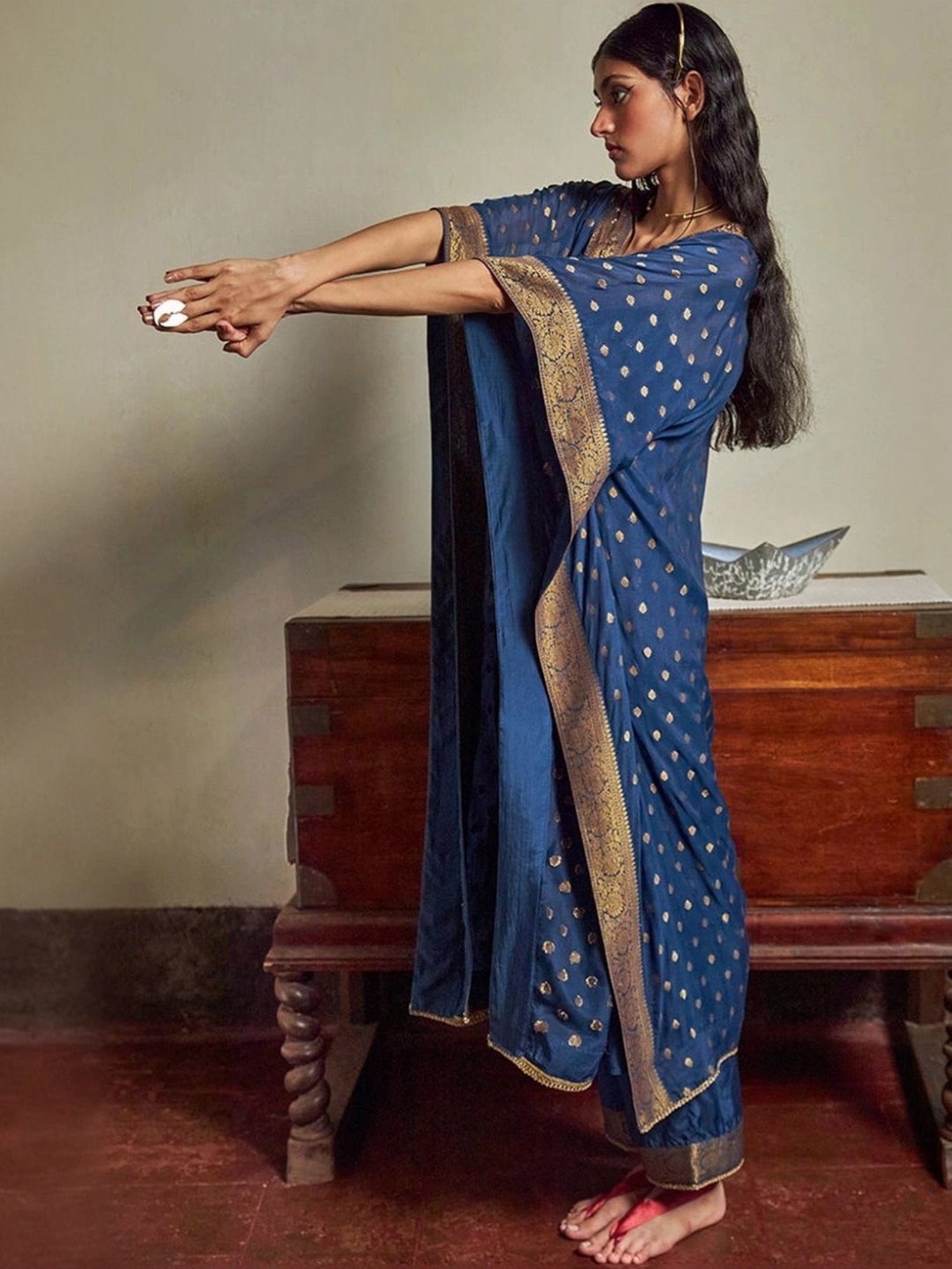 Ganga Fashions Blue Opal Woven Kaftan with Pant