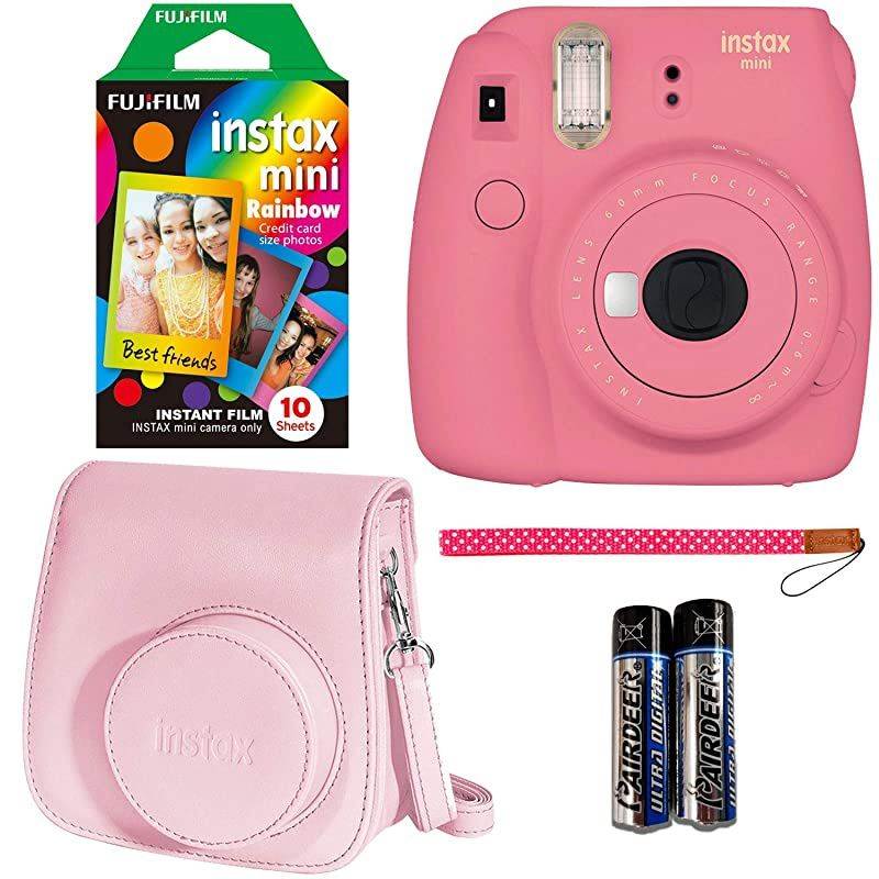 Instax Mini 9 Instant Camera - Flamingo Pink, Instant Mini Rainbow Film, and Instax Groovy Camera Case - Pink