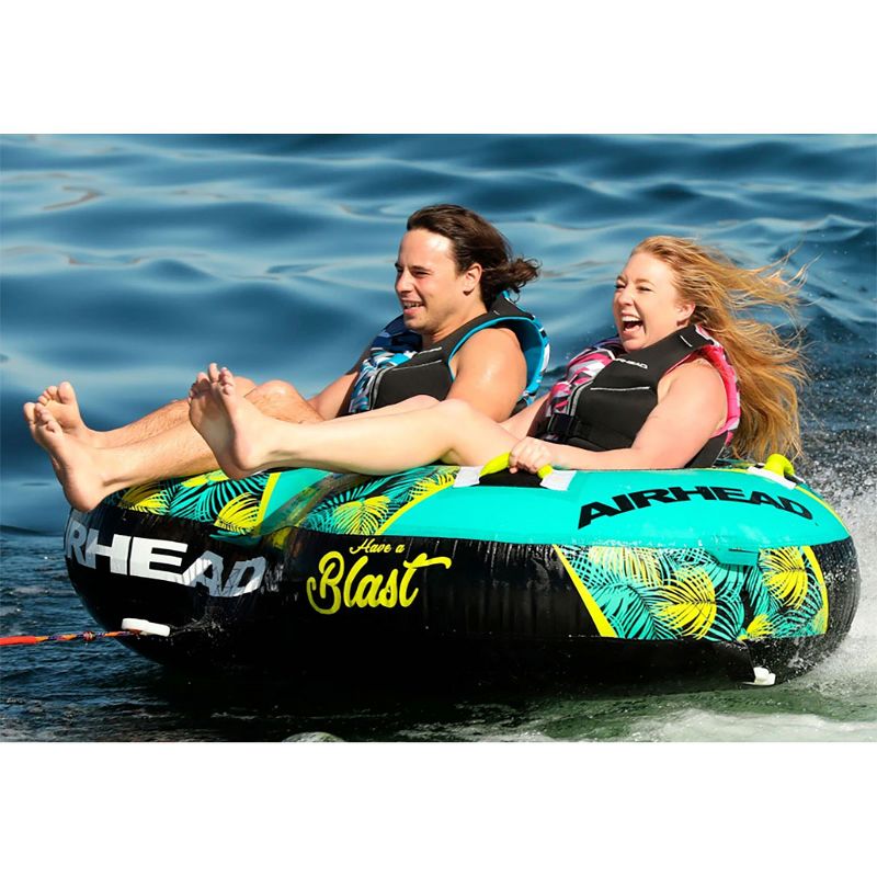 Airhead BLAST 2 Inflatable Open Top 2-Person Towable Water Tube with Knuckle Guard Handles and Dual Tow Points, Tropical Green