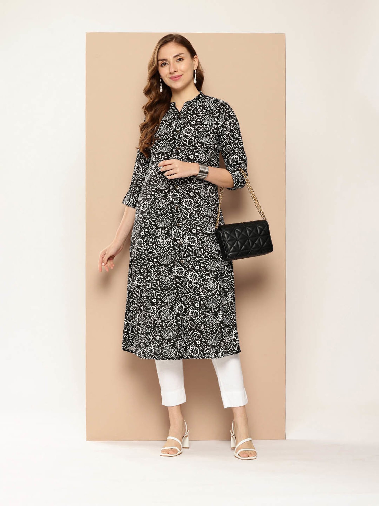 Amukti Black Rayon Floral Print A-Line Kurta
