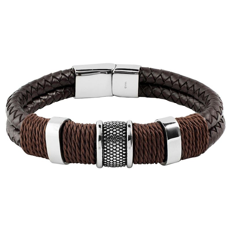 Men's Crucible Brown Twine Stainless Steel Accents Woven Braided Leather Bracelet (12mm) - Black (8.5")