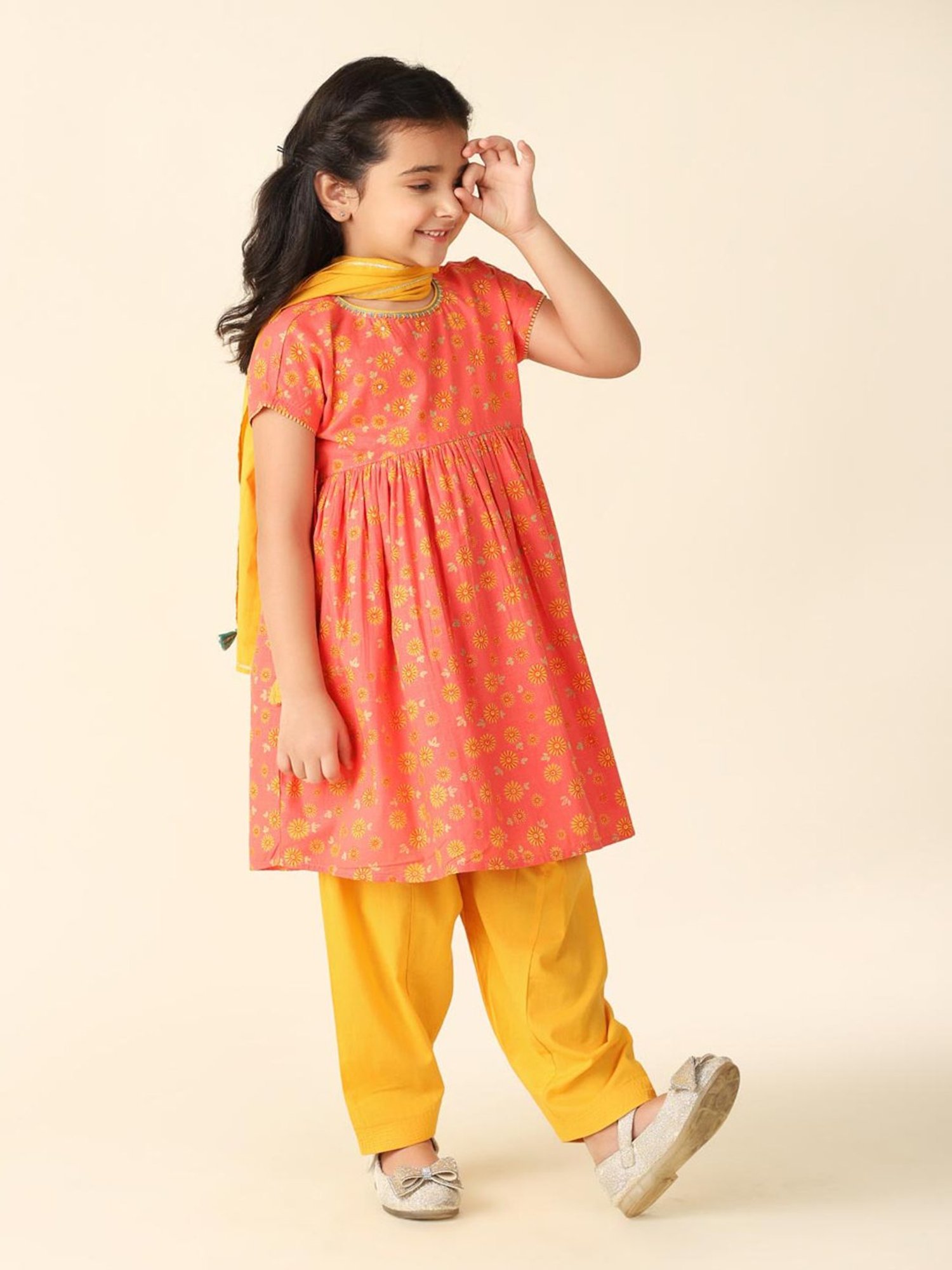 Fabindia Kids Coral & Yellow Floral Print Kurta, Salwar with Dupatta