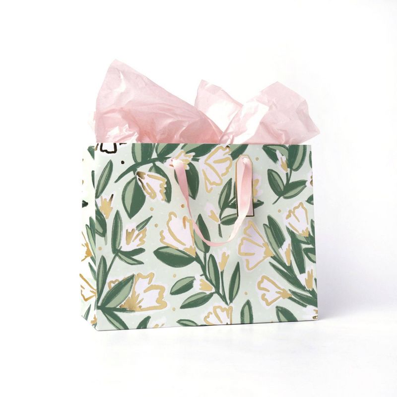 Large Floral Gift Bag with Foil White/Green/Gold - Spritz™