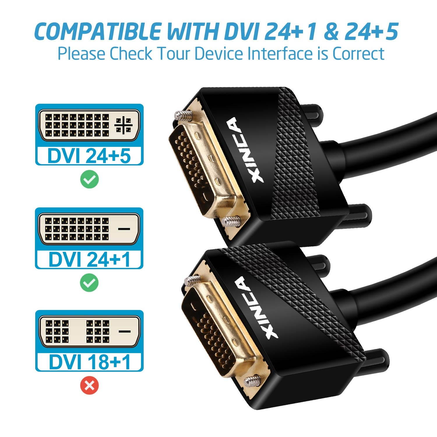 DVI to DVI Dual Link Cable High Resolution Digital Video Connection with Ferrite Core & Double Shielding DVI-D 24+1 pin 6 feet (1.8 Meter)-XINCA