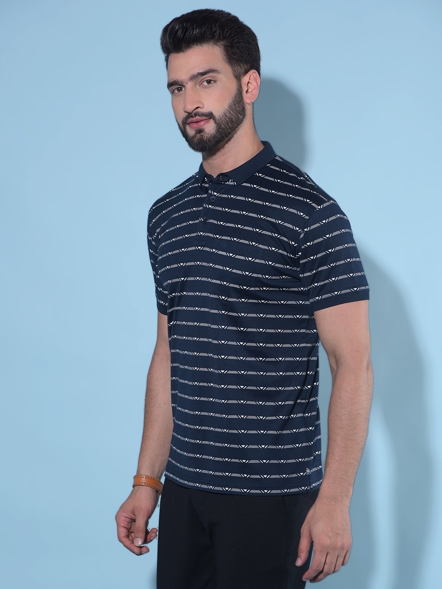 Crimsoune Club Navy Blue Cotton Slim Fit Striped Polo T-Shirt
