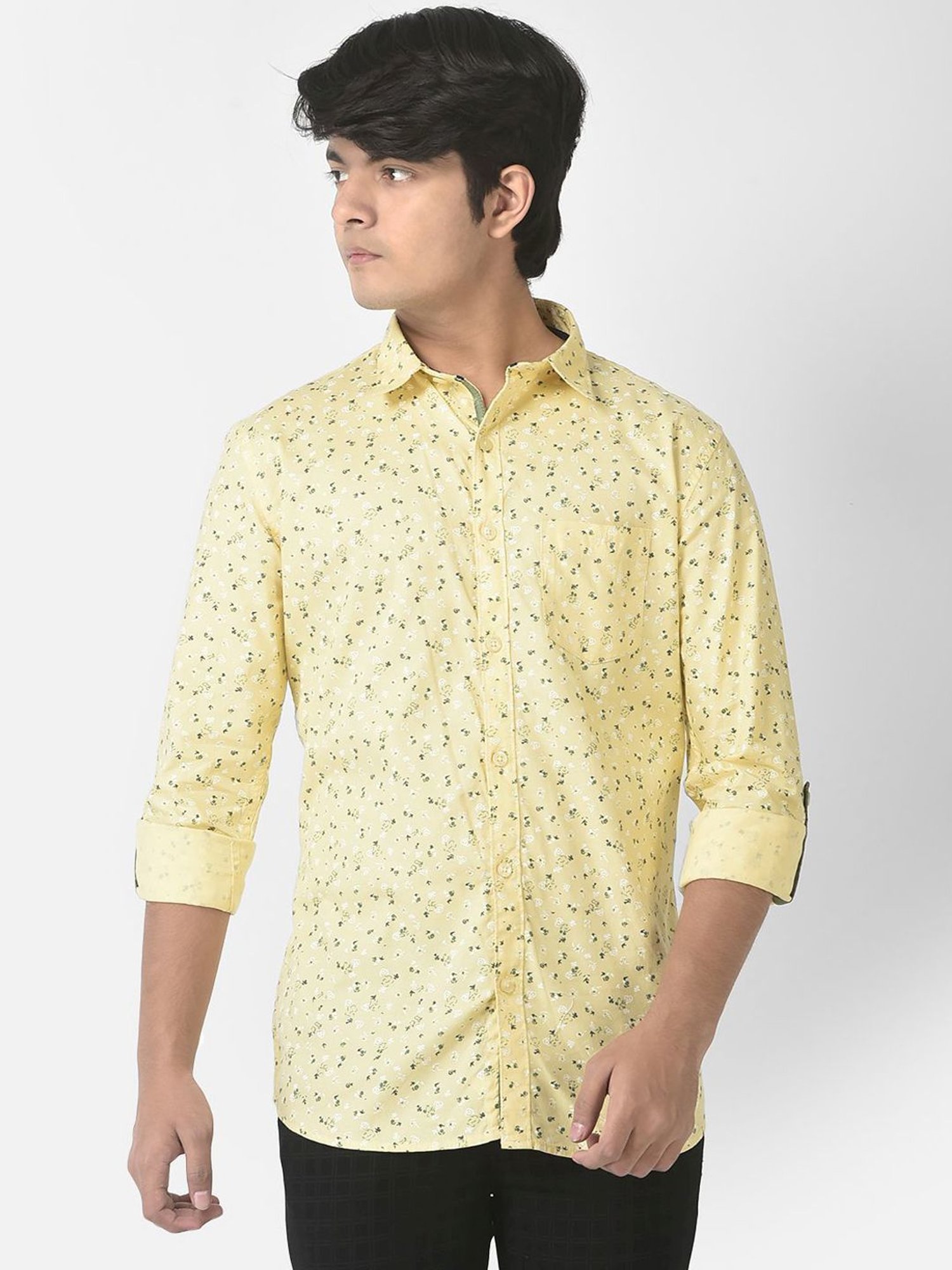 Crimsoune Club Kids Yellow Cotton Floral Print Full Sleeves Shirt