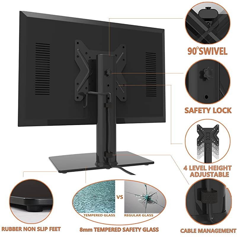 Swivel TV StandBase Table Top TV Stand for 19 to 39 inch TVs with 90 Degree Swivel 4 Level Height Adjustable Heavy Duty Tempered Glass Base Holds up to 99lbs HT02B001