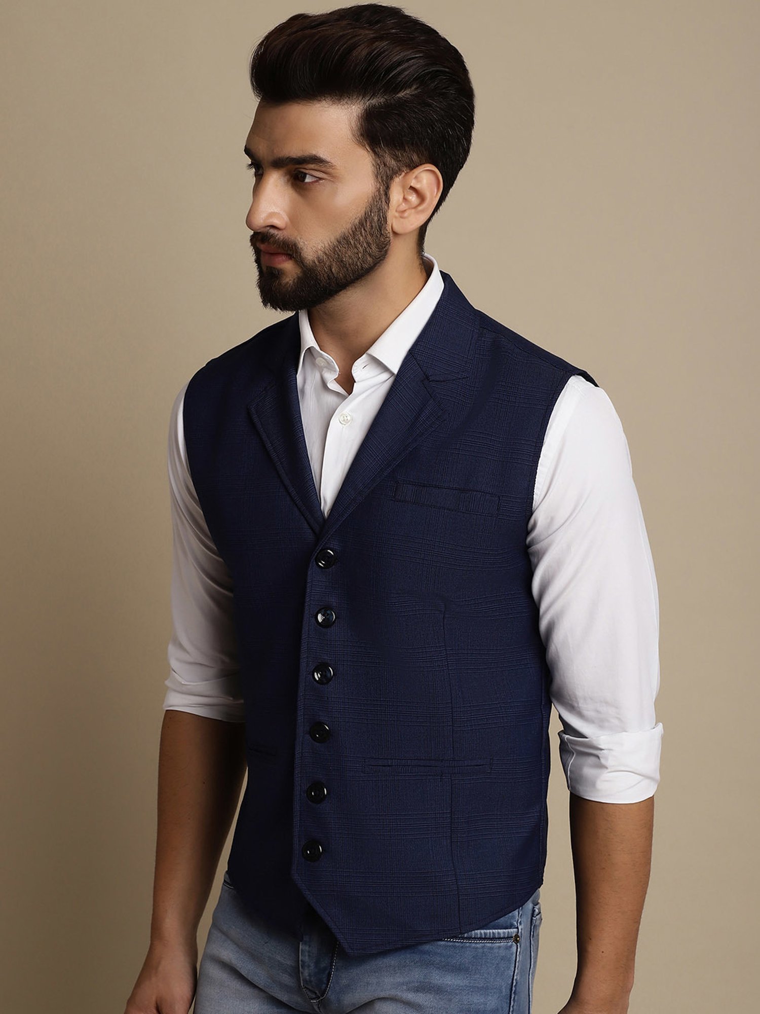 Even Blue Regular Fit Notch Lapel Check Waistcoat