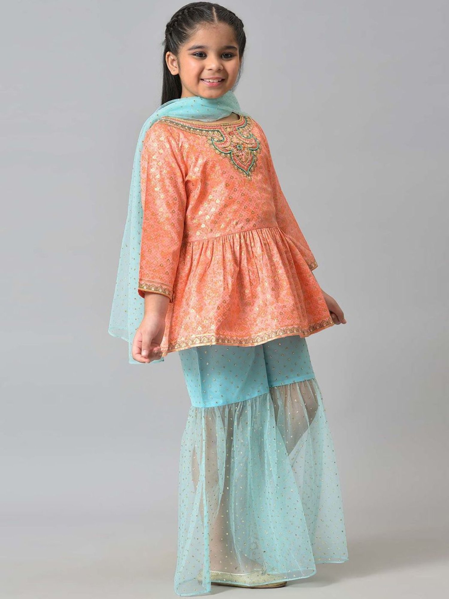 Aurelia Kids Peach & Blue Printed Full Sleeves Top Set