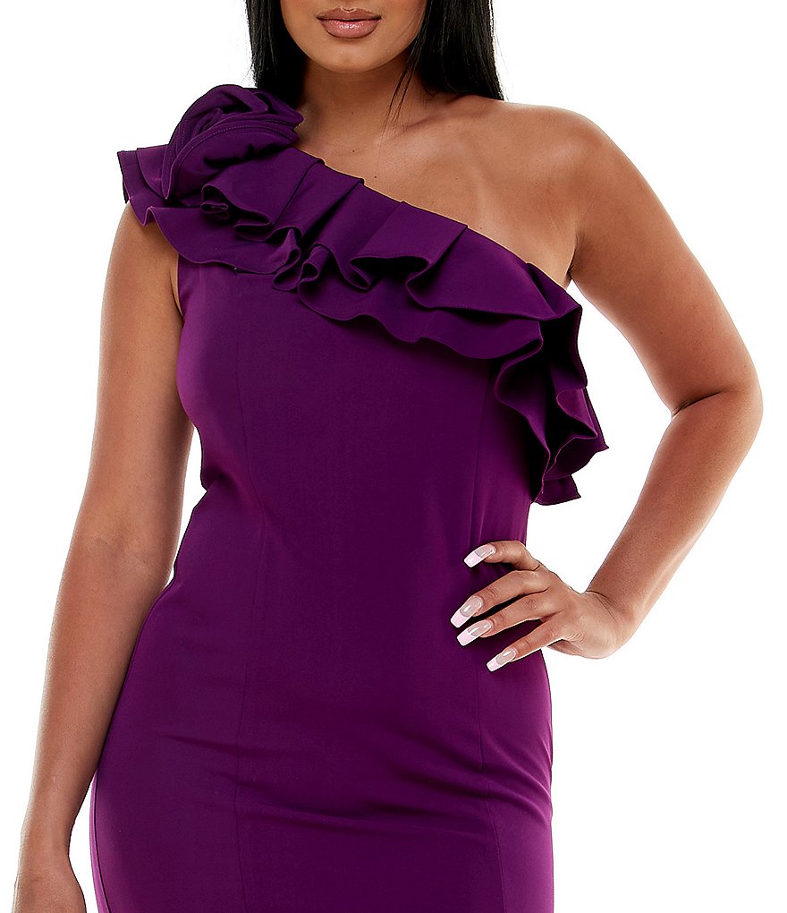 Marina Asymmetrical One Shoulder Ruffle Stretch Crepe Sheath Dress