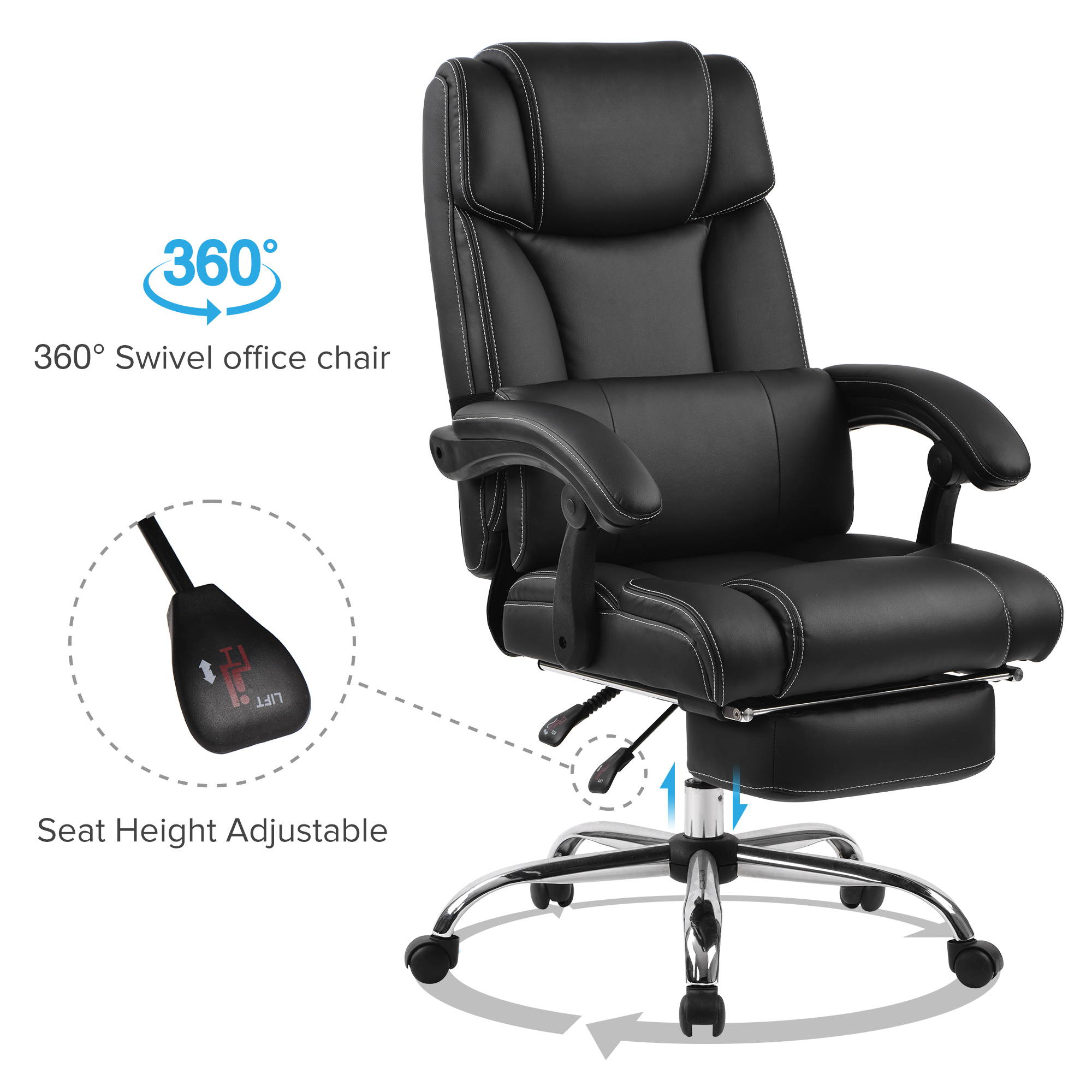 High Quality Home Office Chair PU Leather Double Padded Support Cushion and Footrest