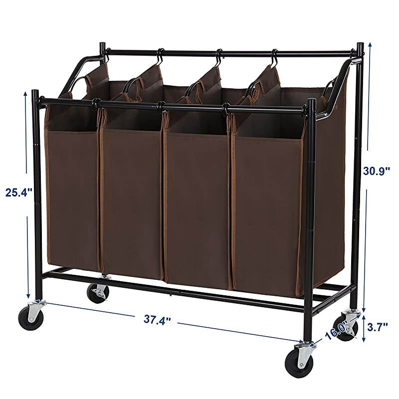 Rolling Laundry Cart Sorter Basket Hamper, with 4 Removable Bags, Casters and Brakes, Brown