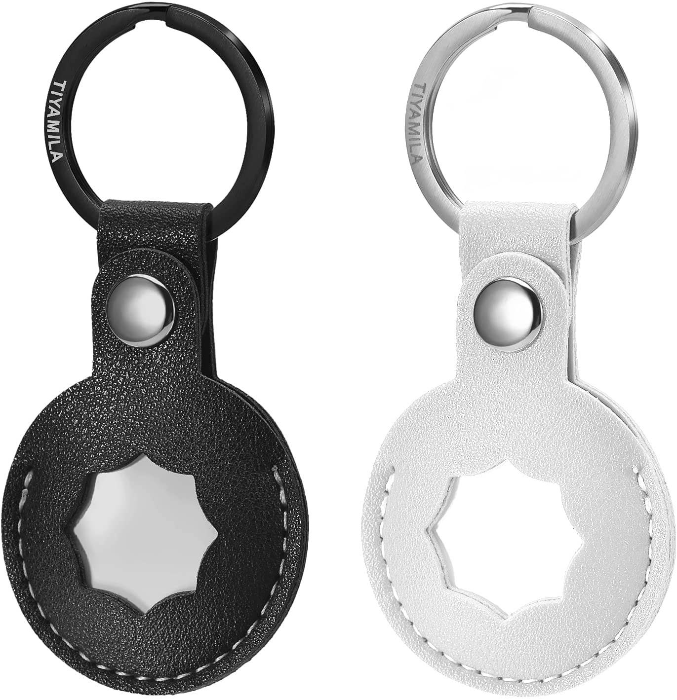 TIYAMILA 2 Pack Genuine Leather Case for AirTag Finder, Carabiner Leather Key Ring for AirTag Finder (Black/White)