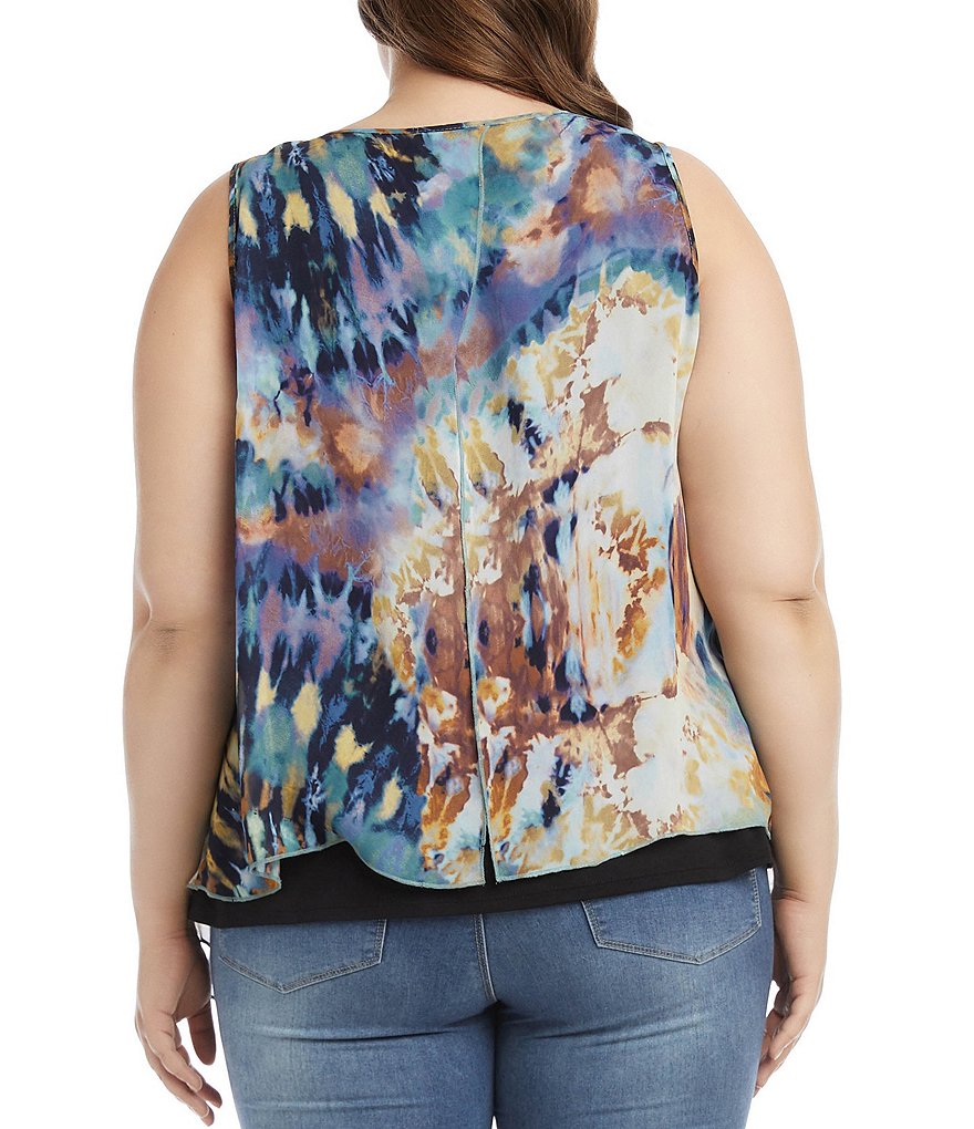 Karen Kane Plus Size Tie Dye Print Overlay Round V-Neck Sleeveless Top