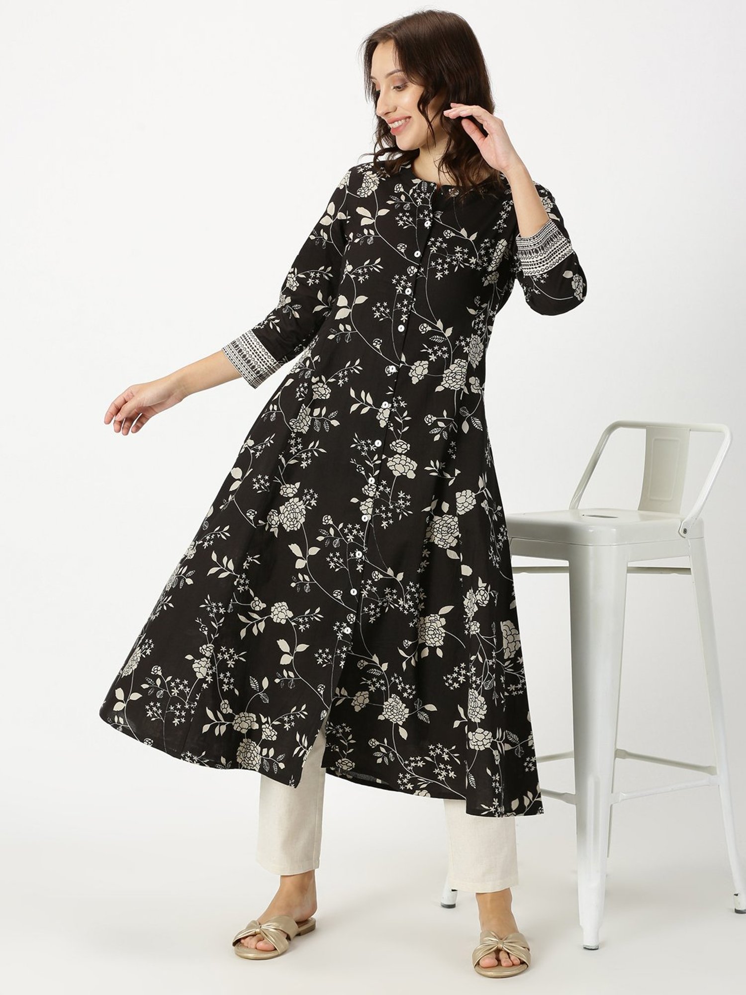 Saffron Threads Black Floral Print A Line Kurta