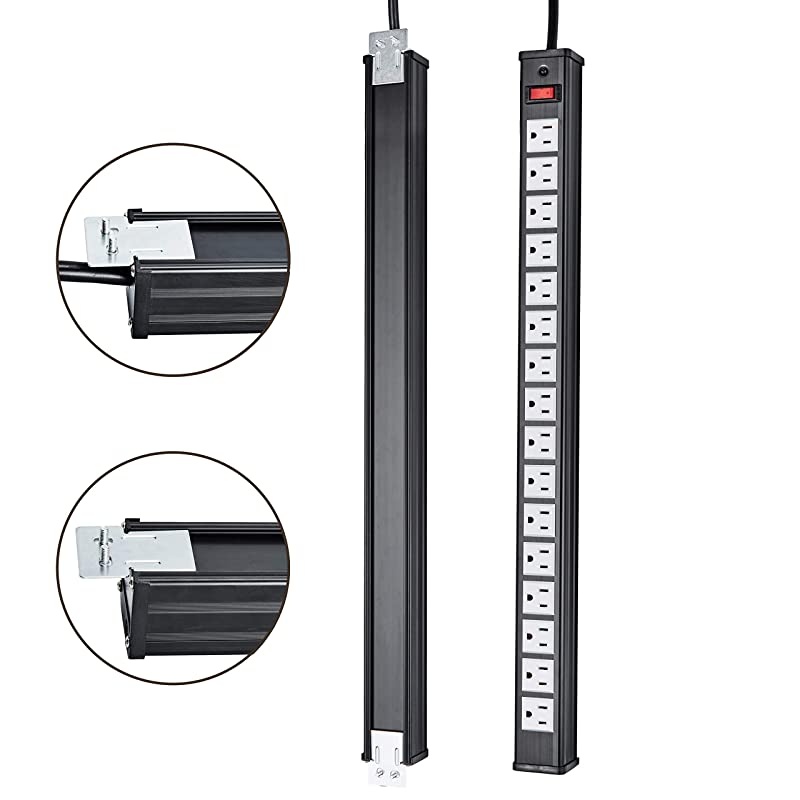 Rack Mount Power Outlet 16 Outlet Heavy Duty Aluminum Socket AntiThunder Power Strip with 15Foot Extension Cord Surge Protector Duty Multi Plug Outlet with Smart Circuit Breaker White