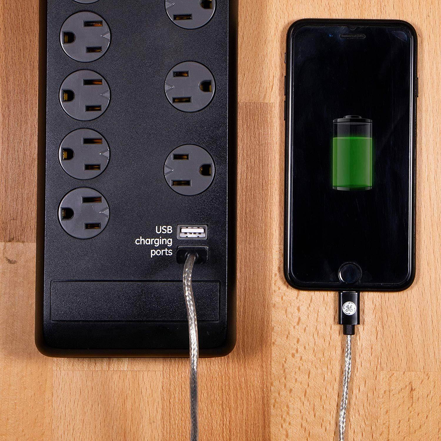 GE UltraPro Surge Protector, 10 Outlet Power Strip, 2 USB Charging Ports, Extra Long 6Ft Extension Cord, 3 Prong, Grounded, Flat Plug, 3000 Joules, UL Listed, Black, 14096