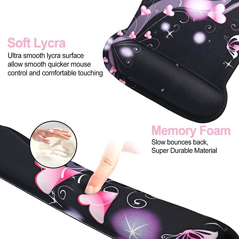 Keyboard Wrist Rest Pad Ergonomic Mouse Pad Set  Cute Mouse Pad for Computer Laptop Non Slip Mousepad Keyboard Wrist Support with Raised Memory Foam for Easy Typing Pain Relief Pink Hearts