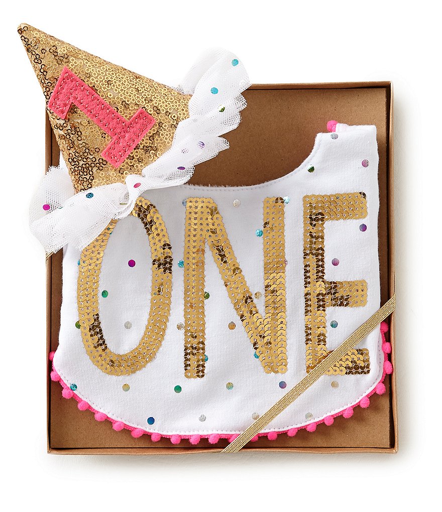 Mud Pie Baby Girls Birthday One Dotted and Sequin Bib & Hat Set