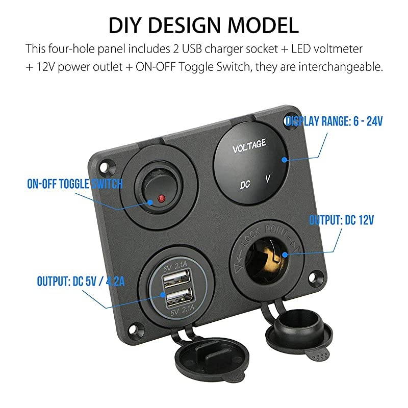 4 in 1 Charger Socket Panel 12V 42A Dual USB Charger Socket Power Outlet amp LED Voltmeter amp Cigarette Lighter Socket amp Red LED Lighted ON Off Rocker Toggle Switch for Car Marine Boat Truck