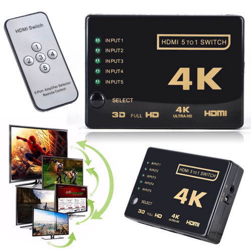 3D 1080p 5Port 4K HDMI Switch Switcher Selector Splitter Hub+IR Remote Fo HDTV E