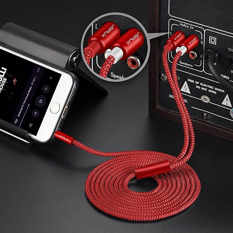 RCA Cable, [6.6ft/2M, Dual Shielded Gold-Plated] 3.5mm Male to 2RCA Male Stereo Audio Adapter Cable Nylon Braided AUX RCA Y Cord for Smartphones, MP3, Tablets, Speakers, HDTV [Red]