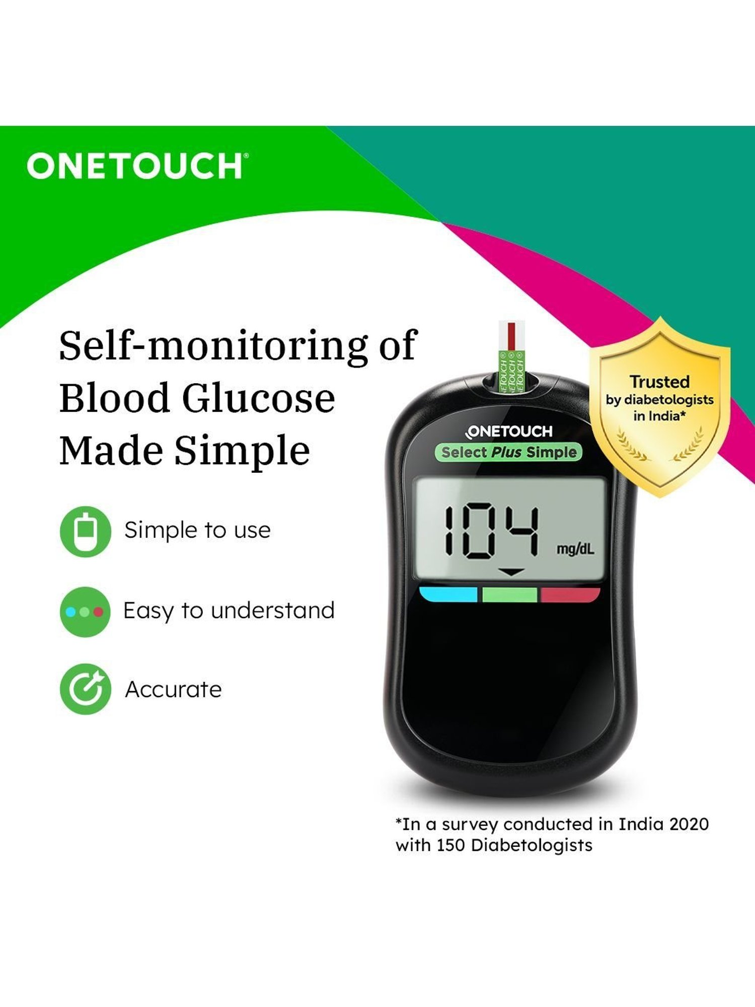 OneTouch Select Plus Simple glucometer | FREE 10 Test Strips + 10 Lancets + 1 Lancing device