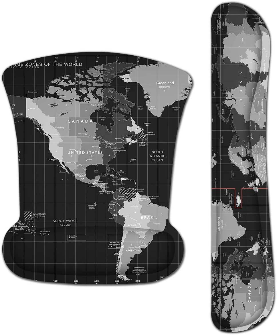 Keyboard Wrist Rest Pad Ergonomic Mouse Pad Set, ToLuLu Mouse Pad for Computer Laptop, Non Slip Mousepad Keyboard Wrist Support with Raised Memory Foam for Easy Typing Pain Relief, Cool World Map