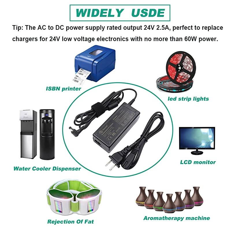 24V 2.5A Power Supply, 60W AC Adapter Switching for LED Strips, LCD Monitor, 3D Printer, with 5.5 X 2.1 mm DC Plug and 11 Pcs DC Jack Connector.