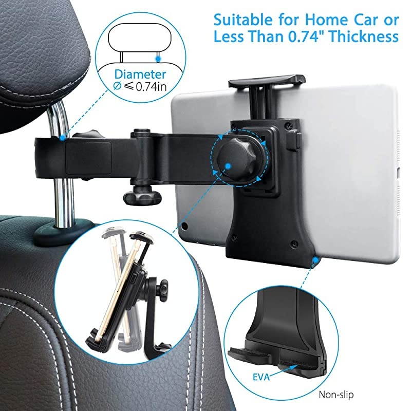 Car Headrest Mount,  Car Headrest Tablet Holder for iPad Pro/Air/Mini,Kindle Fire HD,Nintendo Switch,iPhone&Other Smartphones Stand Cradle Bracket Holder for 4&rsquo;&rsquo;-9&rsquo;&rsquo;with 360&deg; Angle-Adjustable