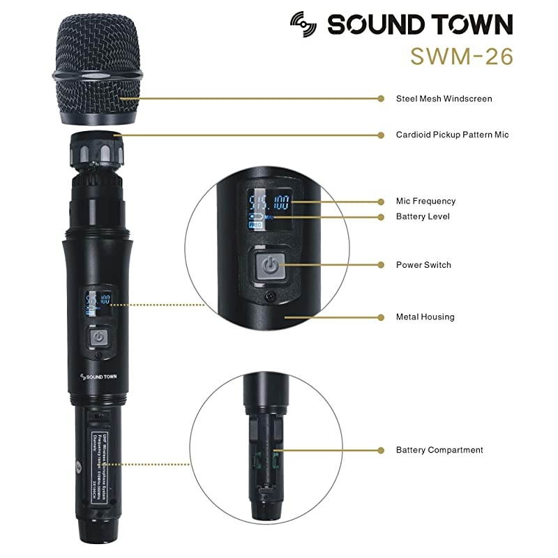 Metal 200 Channels UHF Wireless Microphone System with 2 Handheld Microphones and Auto Scan for Church School Outdoor Wedding Meeting Party and Karaoke SWM26U2HH