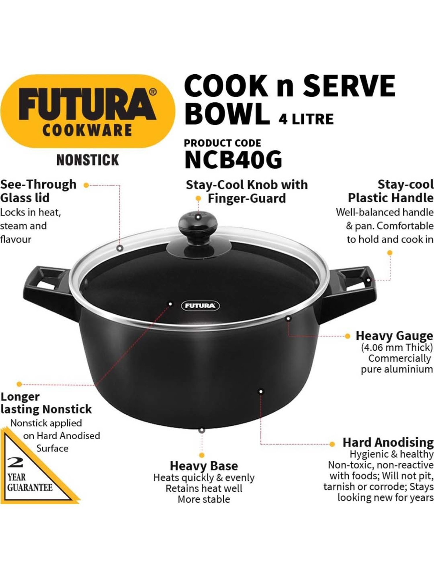 Hawkins Black & Transparent Hard Anodised 24.7 cm Non-Stick Cooking Pot With Lid (4 L) - Set of 1