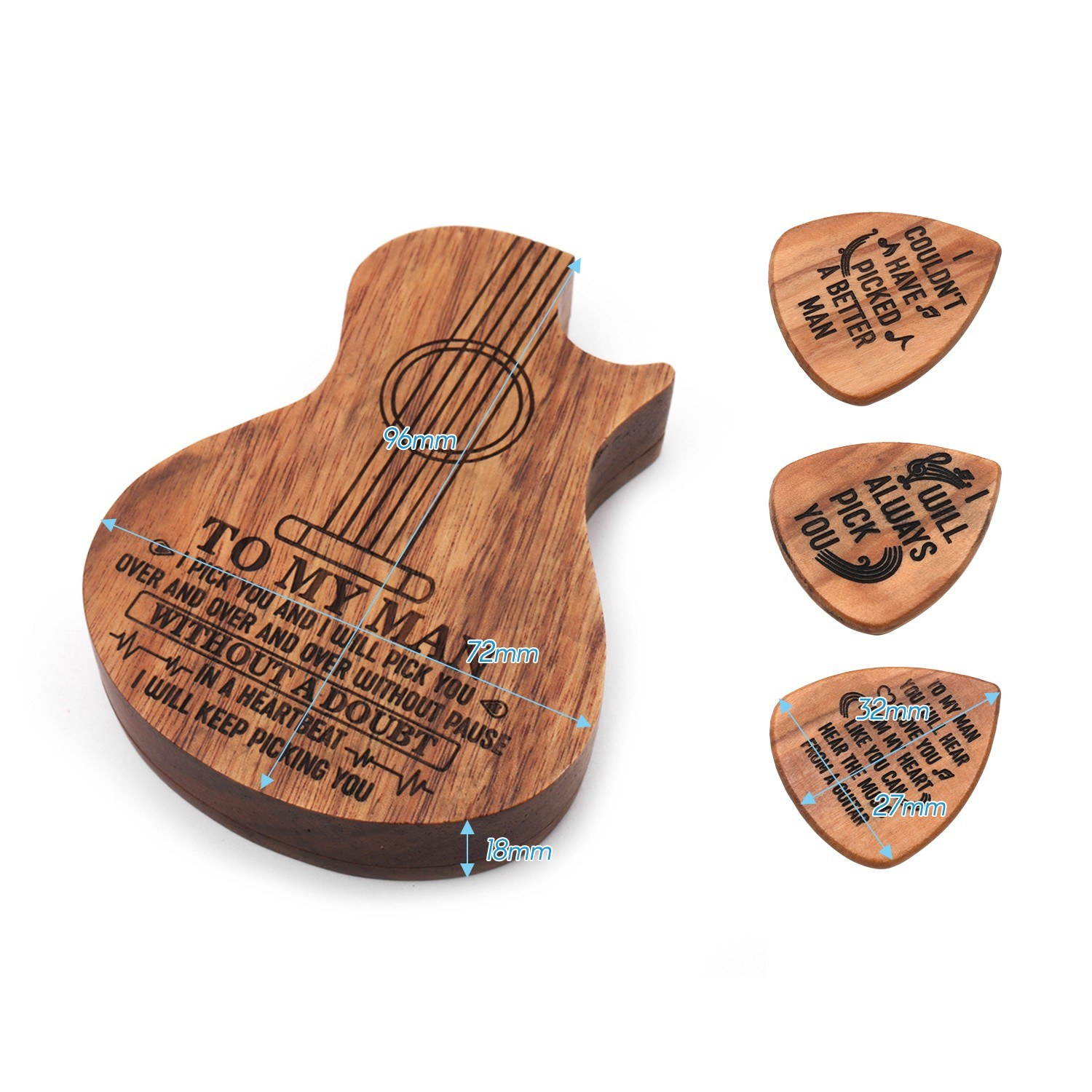 Wooden Guitar Pick Box Holder Guitar Shape 3 Compartments Paddles Wood Container with 3pcs Olivewood Picks