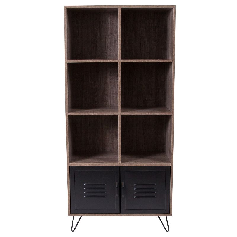 Flash Furniture Woodridge Collection 59.25"H 6 Cube Storage Organizer Bookcase with Metal Cabinet Doors and Metal Legs in Rustic Wood Grain Finish