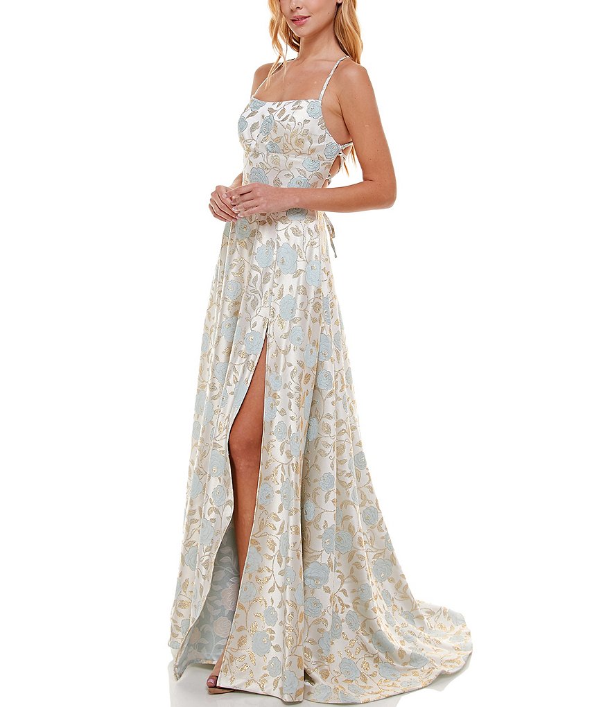 B. Darlin Spaghetti Strap Lace-Up-Back Floral Jacquard Ball Gown