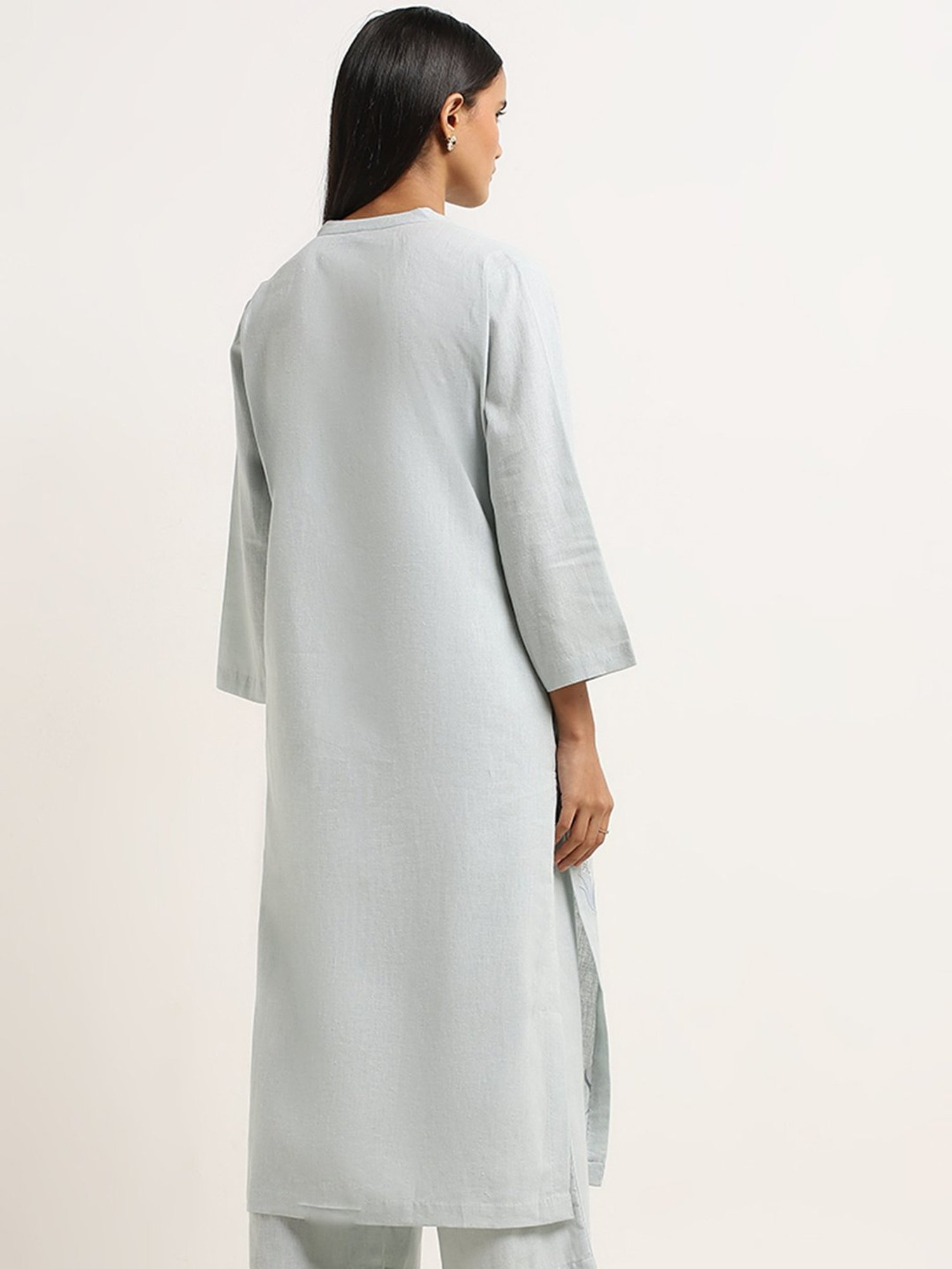 Zuba by Westside Light Blue Floral Embroidered A-Line Cotton Kurta